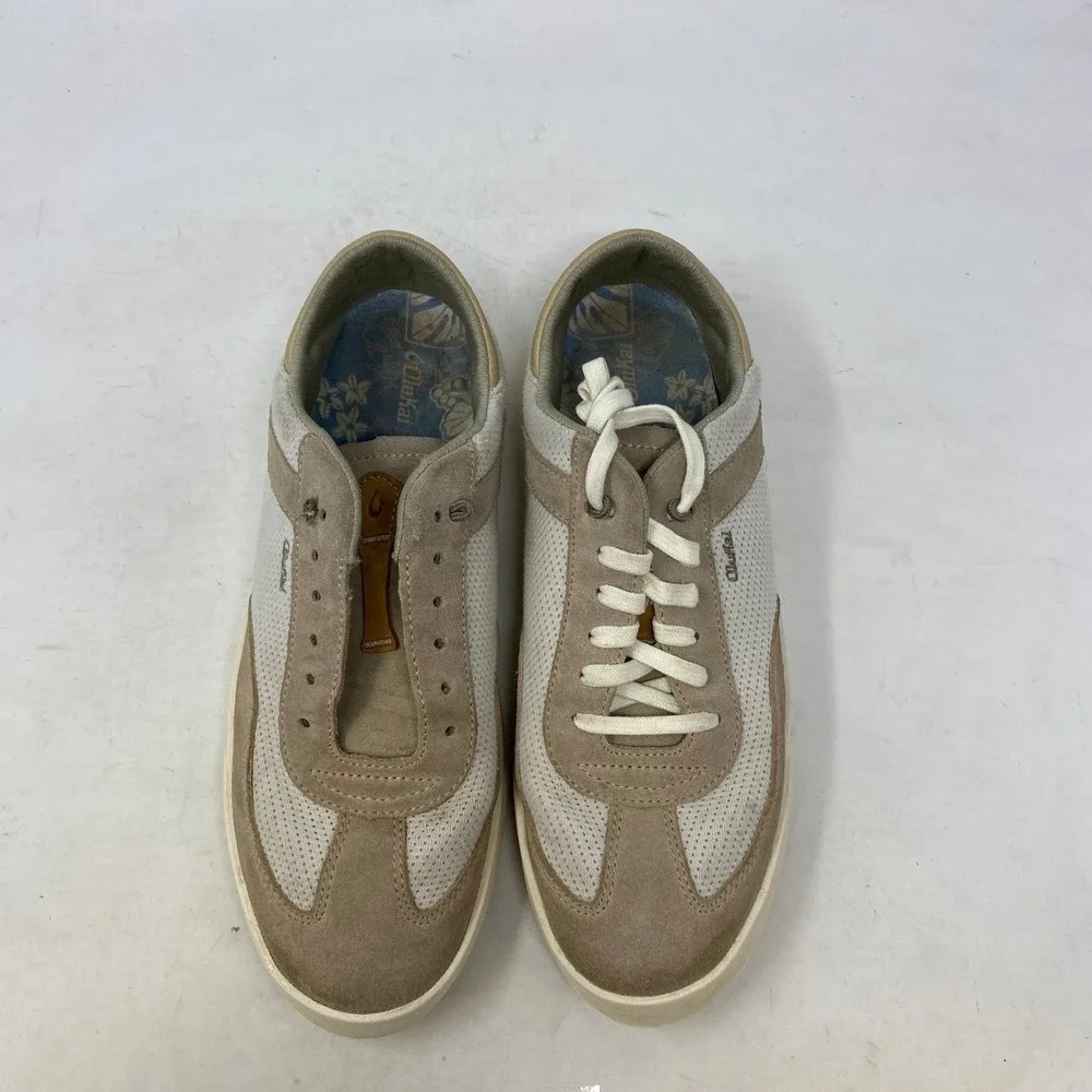 OluKai Kilea Women 10 Tan Beige Leather Textile Lace‎ Up Sneakers 20494-3420